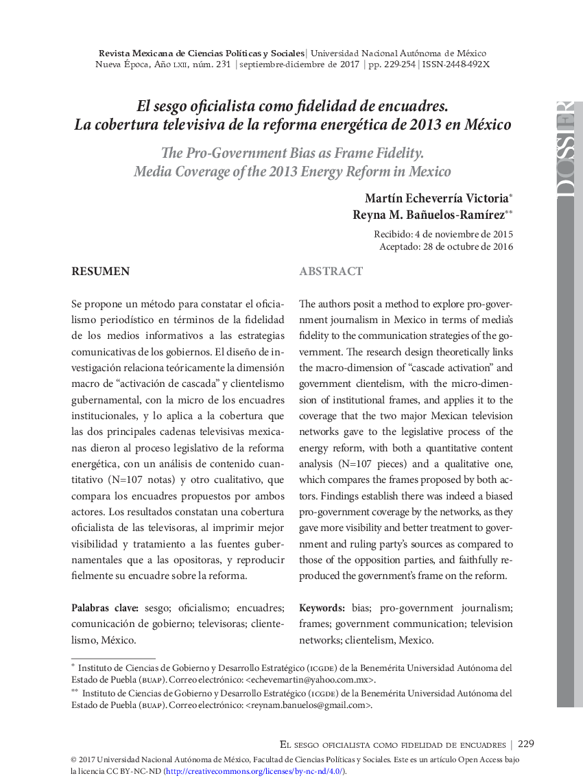 El sesgo oficialista como fidelidad de encuadres. La cobertura televisiva de la reforma energética de 2013 en México