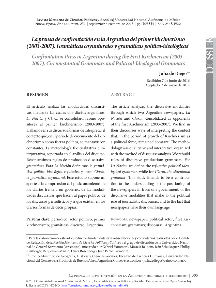 La prensa de confrontación en la Argentina del primer kirchnerismo (2003-2007). Gramáticas coyunturales y gramáticas polÃ­tico-ideológicas