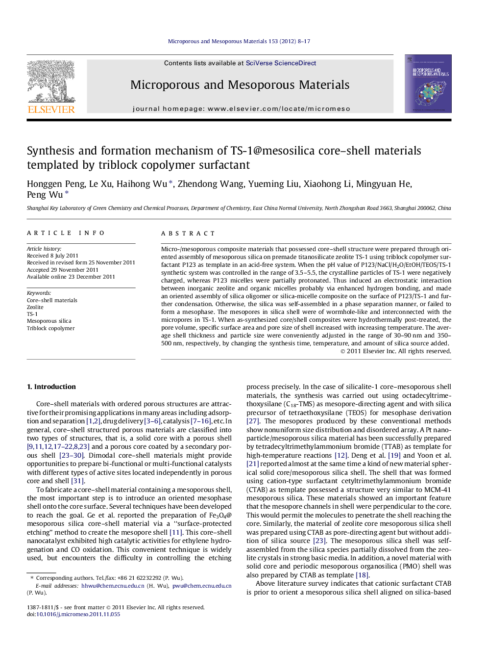 Synthesis and formation mechanism of TS-1@mesosilica core–shell materials templated by triblock copolymer surfactant