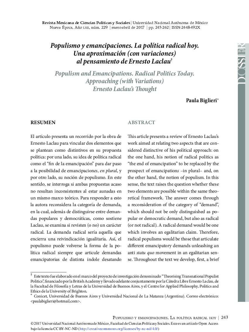 Populismo y emancipaciones. La polÃ­tica radical hoy. Una aproximación (con variaciones) al pensamiento de Ernesto Laclau