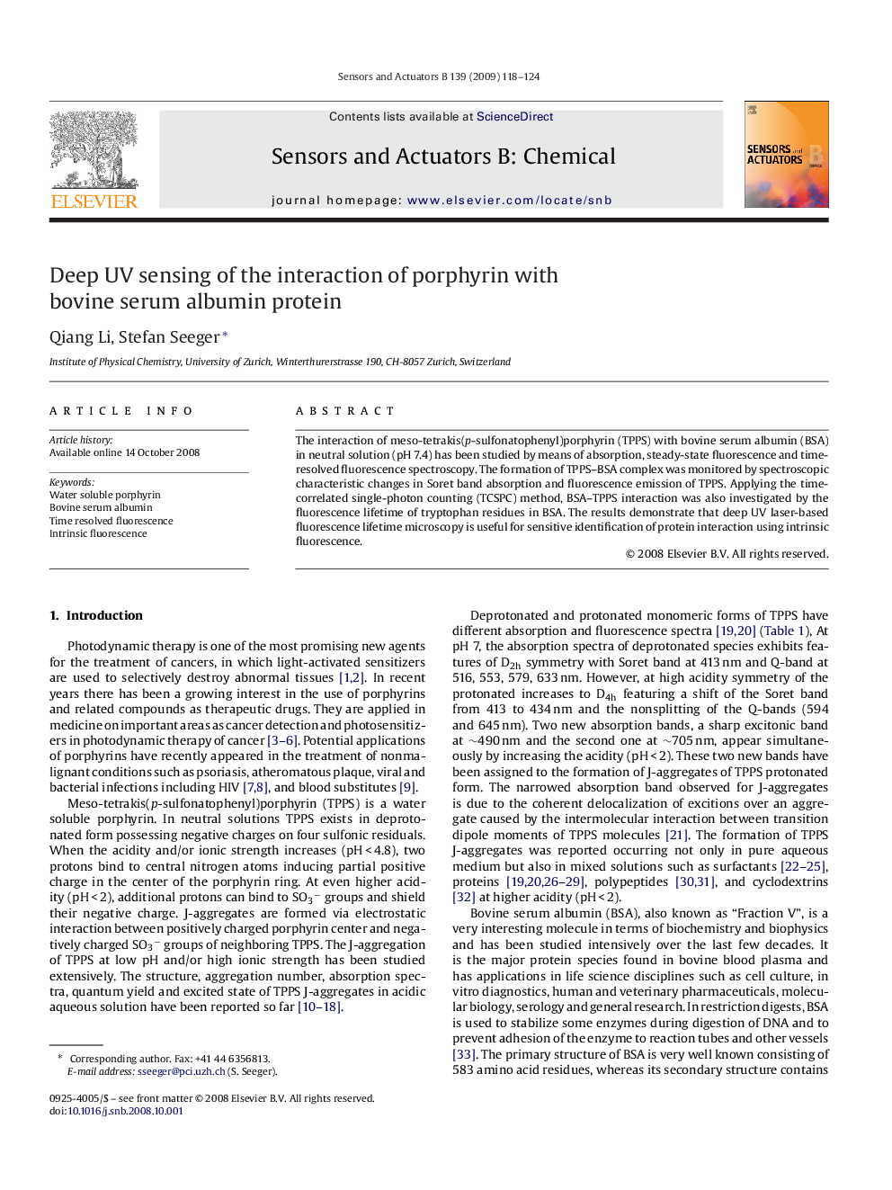 Deep UV sensing of the interaction of porphyrin with bovine serum albumin protein