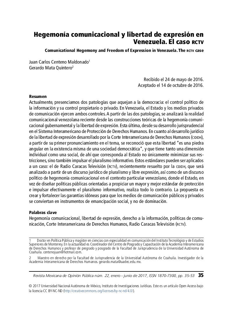 HegemonÃ­a comunicacional y libertad de expresión en Venezuela. El caso rctv