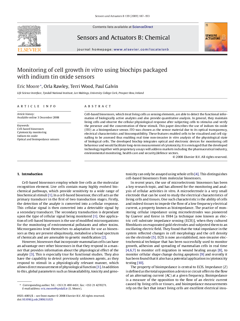 Monitoring of cell growth in vitro using biochips packaged with indium tin oxide sensors