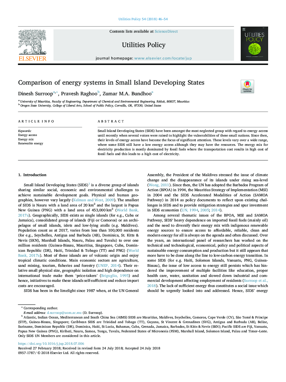 Comparison of energy systems in Small Island Developing States