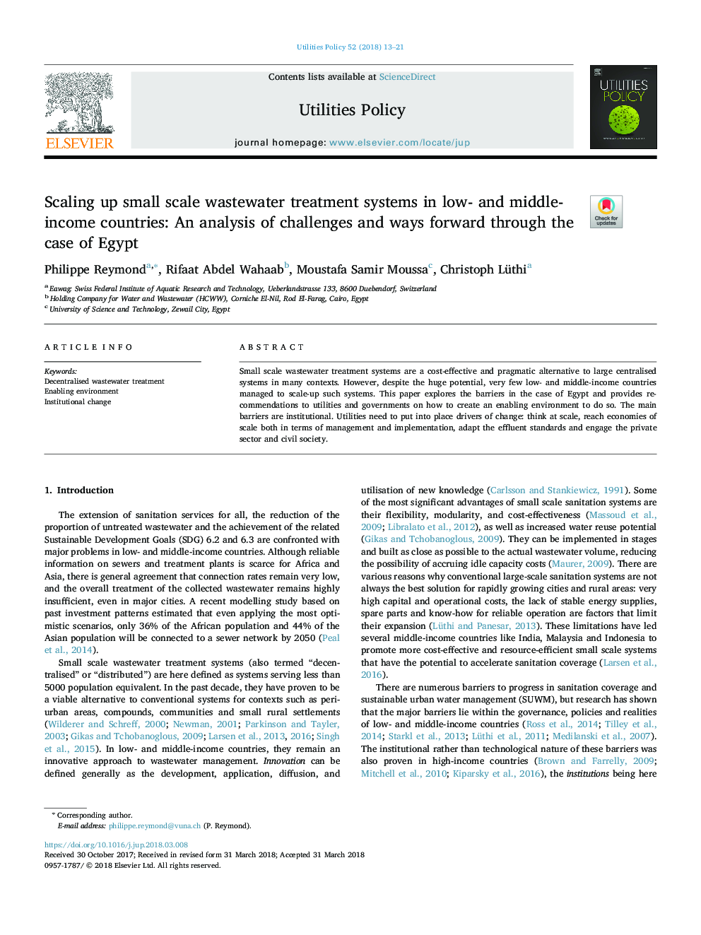 Scaling up small scale wastewater treatment systems in low- and middle-income countries: An analysis of challenges and ways forward through the case of Egypt