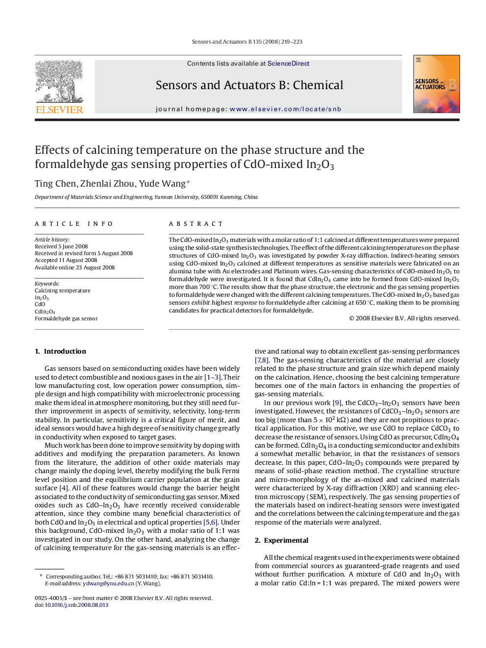 Effects of calcining temperature on the phase structure and the formaldehyde gas sensing properties of CdO-mixed In2O3