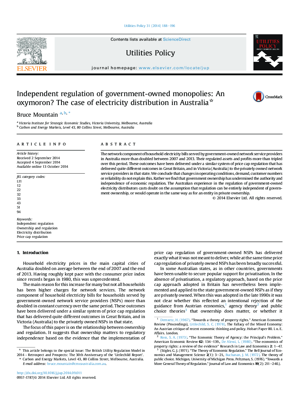 Independent regulation of government-owned monopolies: An oxymoron? The case of electricity distribution in Australia