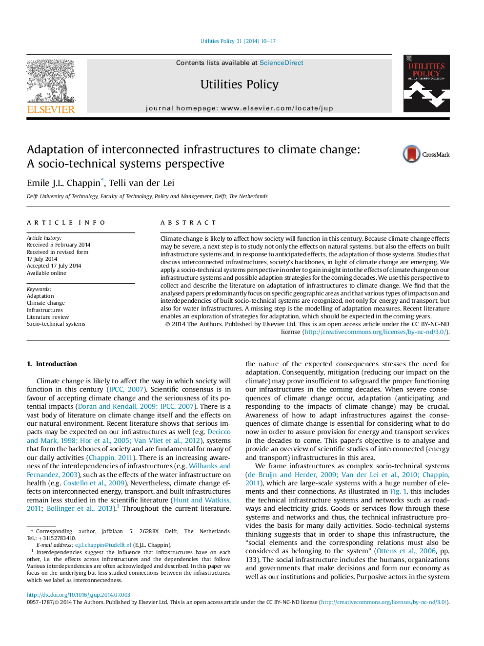 Adaptation of interconnected infrastructures to climate change: AÂ socio-technical systems perspective