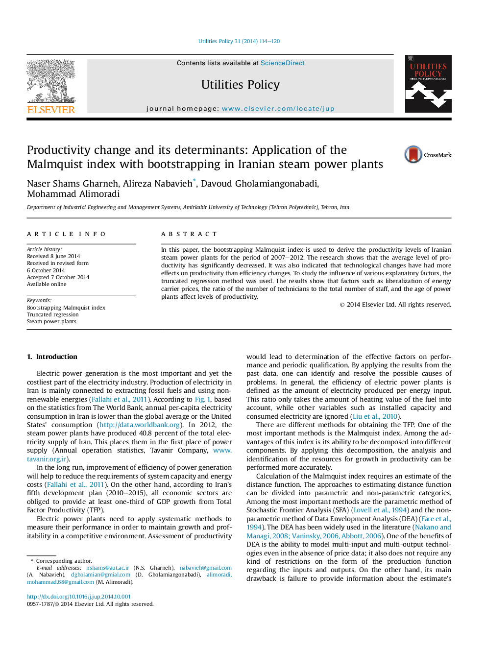 Productivity change and its determinants: Application of the Malmquist index with bootstrapping in Iranian steam power plants