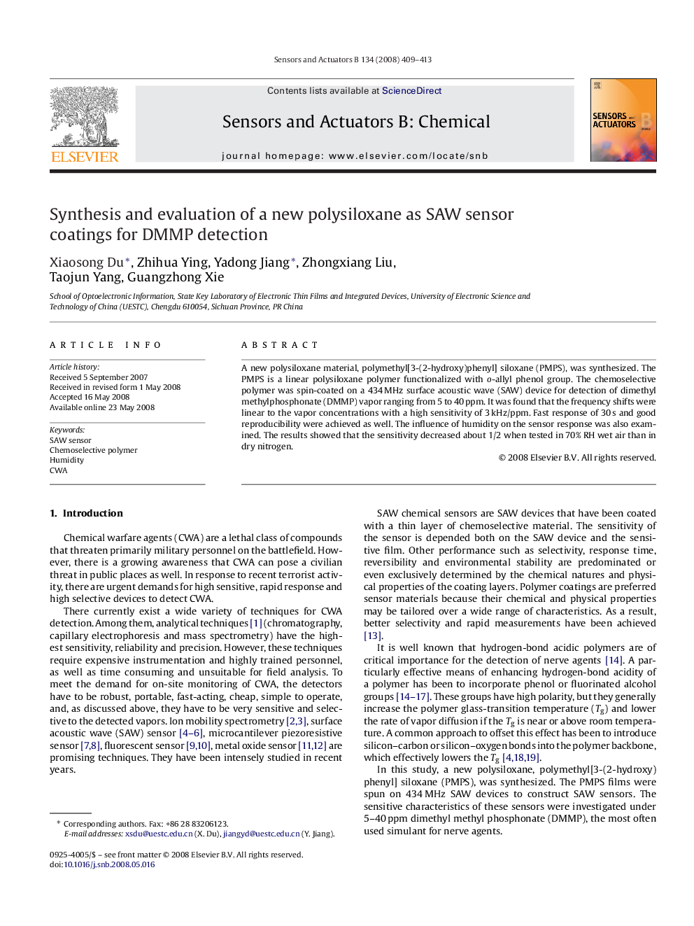 Synthesis and evaluation of a new polysiloxane as SAW sensor coatings for DMMP detection