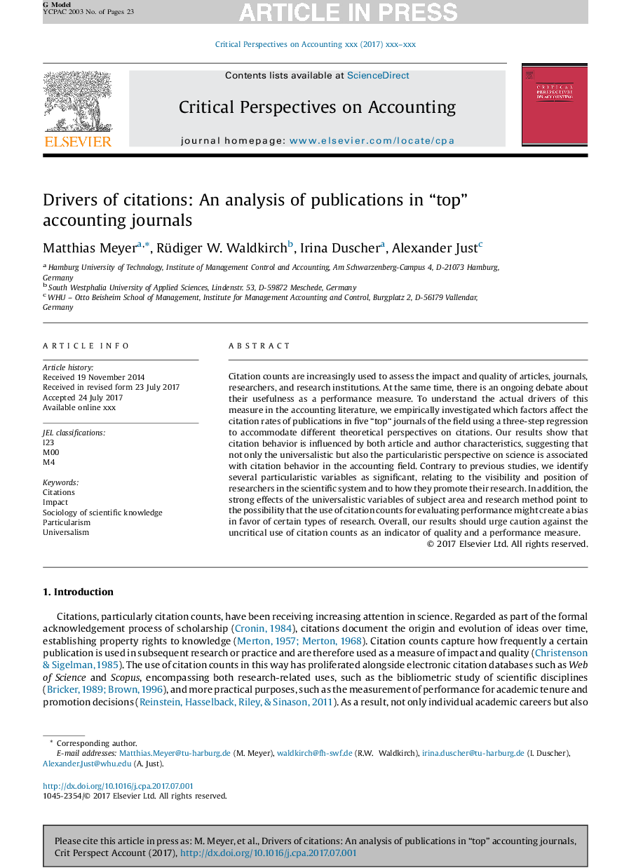 Drivers of citations: An analysis of publications in “top” accounting journals