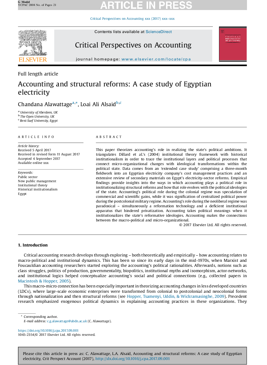 Accounting and structural reforms: A case study of Egyptian electricity