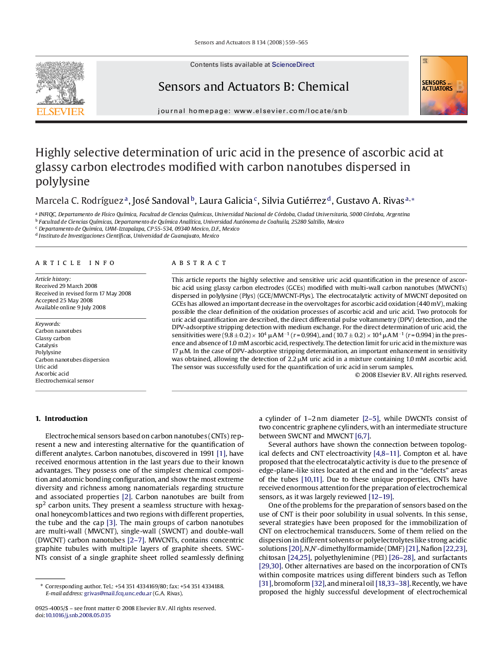 Highly selective determination of uric acid in the presence of ascorbic acid at glassy carbon electrodes modified with carbon nanotubes dispersed in polylysine