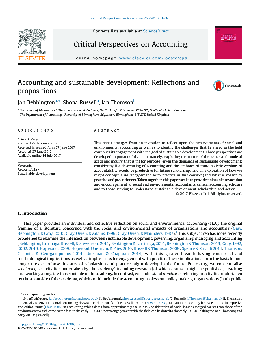 Accounting and sustainable development: Reflections and propositions