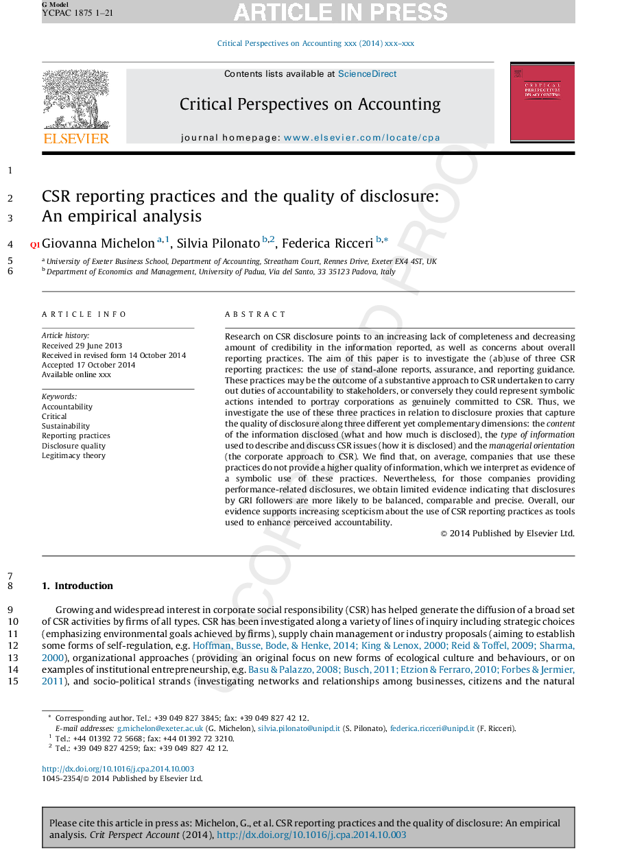 CSR reporting practices and the quality of disclosure: An empirical analysis