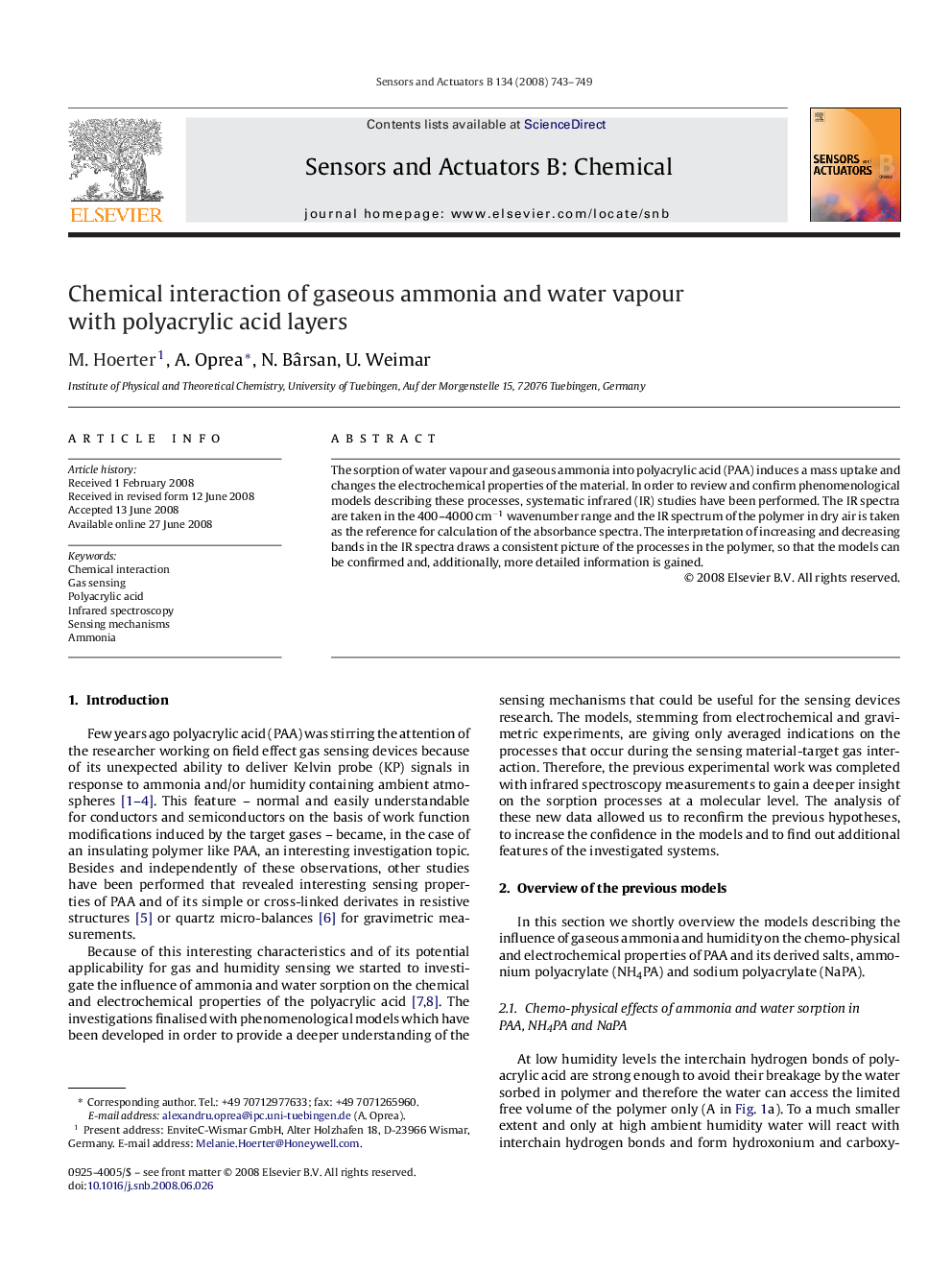 Chemical interaction of gaseous ammonia and water vapour with polyacrylic acid layers