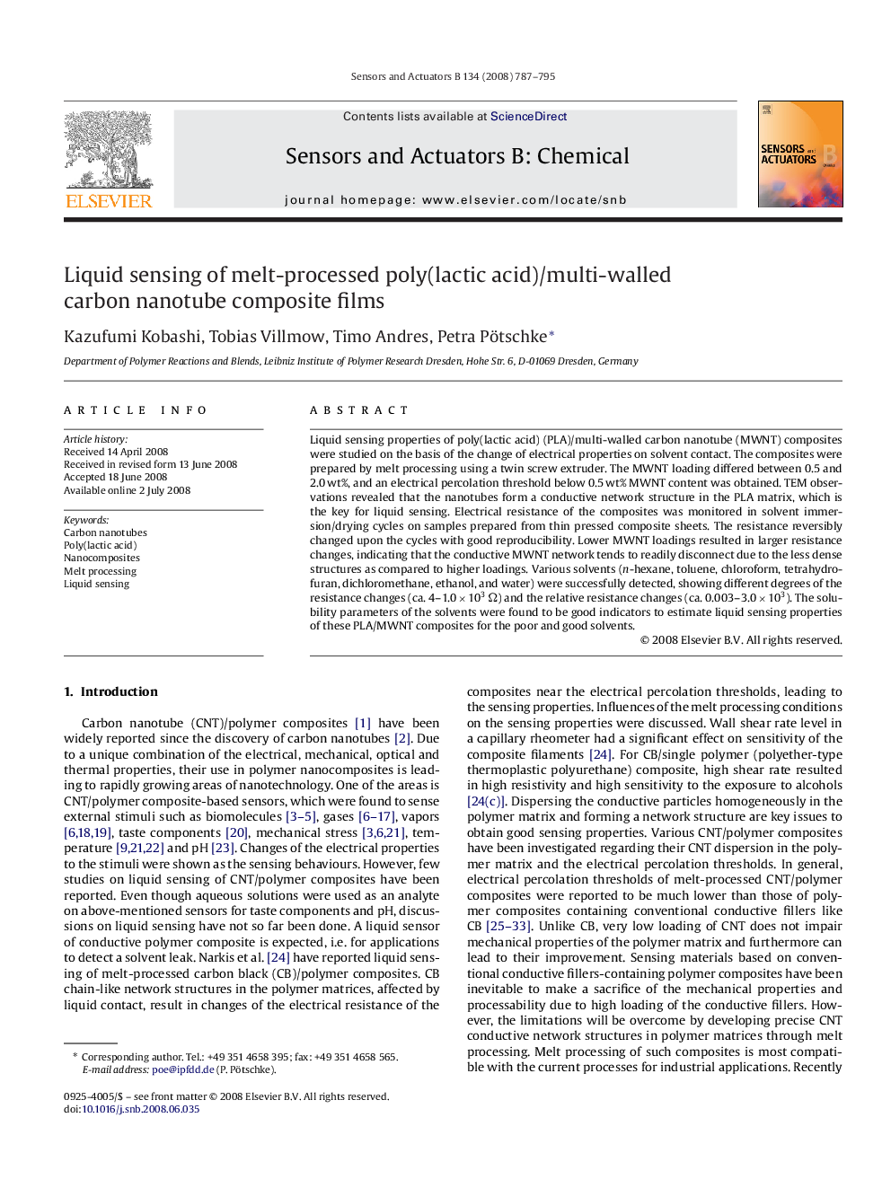 Liquid sensing of melt-processed poly(lactic acid)/multi-walled carbon nanotube composite films