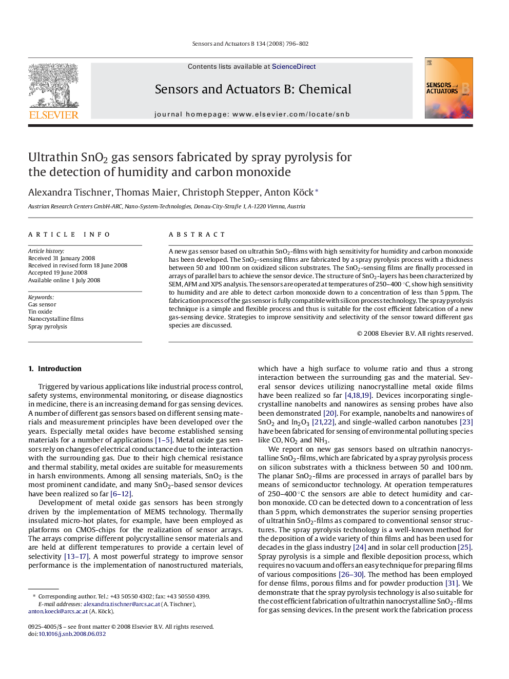 عکس صفحه اول مقاله: Ultrathin SnO2 gas sensors fabricated by spray pyrolysis for the detection of humidity and carbon monoxide Ultrathin SnO2 gas sensors fabricated by spray pyrolysis for the detection of humidity and carbon monoxide