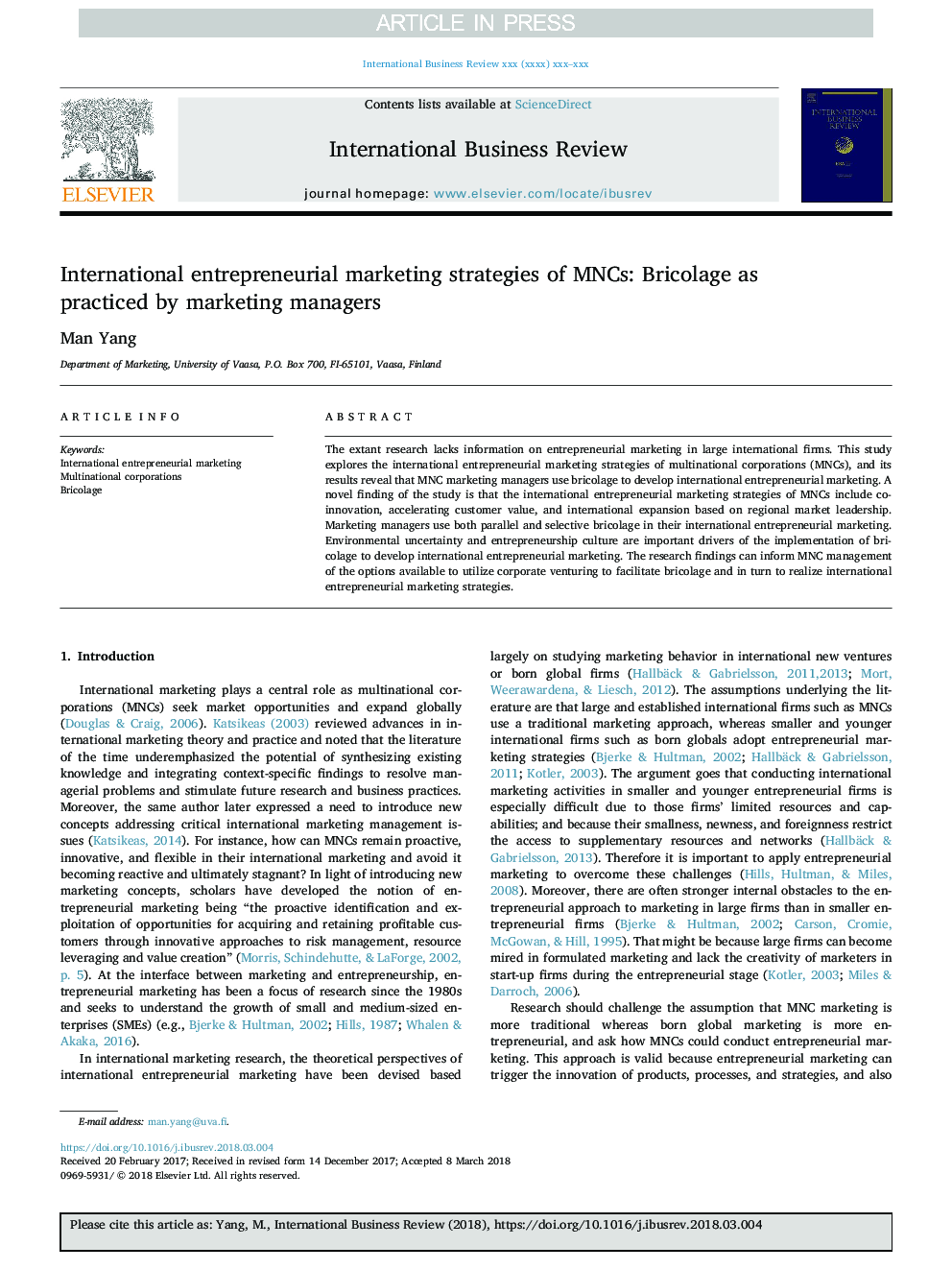 International entrepreneurial marketing strategies of MNCs: Bricolage as practiced by marketing managers