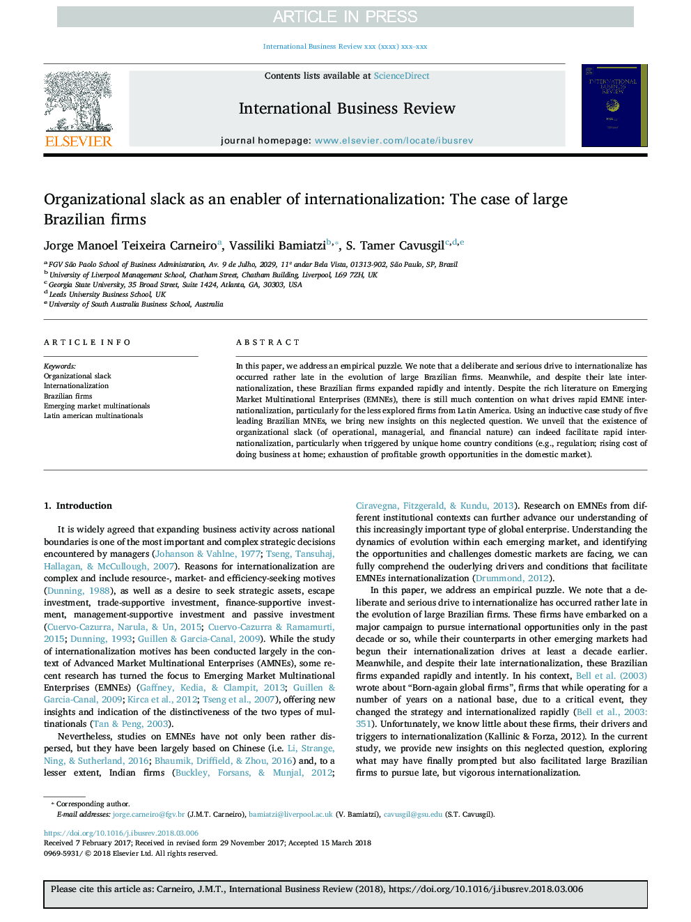 Organizational slack as an enabler of internationalization: The case of large Brazilian firms