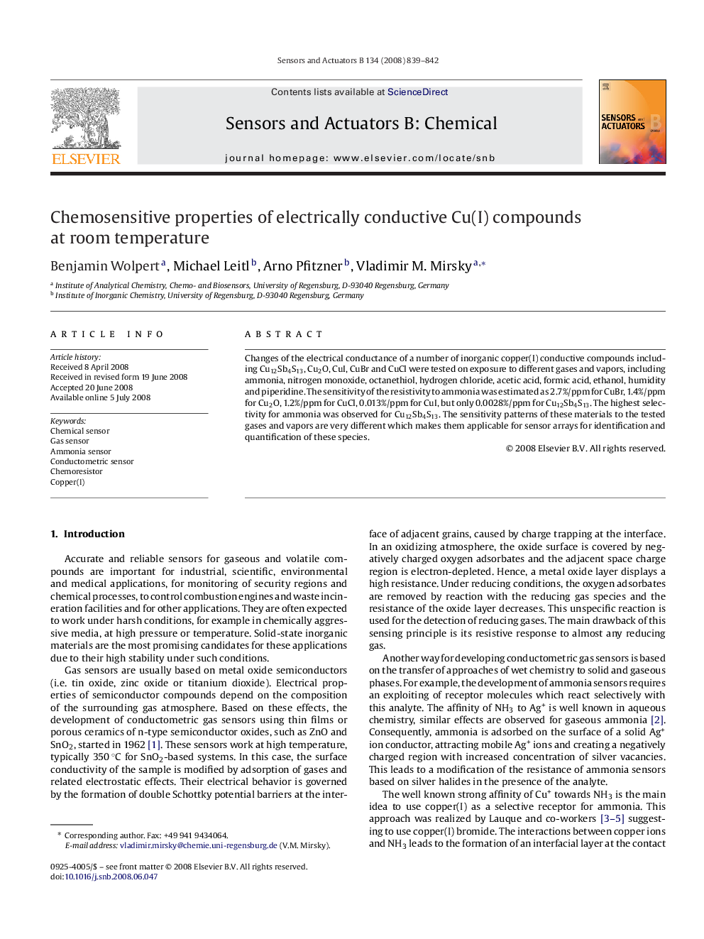 Chemosensitive properties of electrically conductive Cu(I) compounds at room temperature