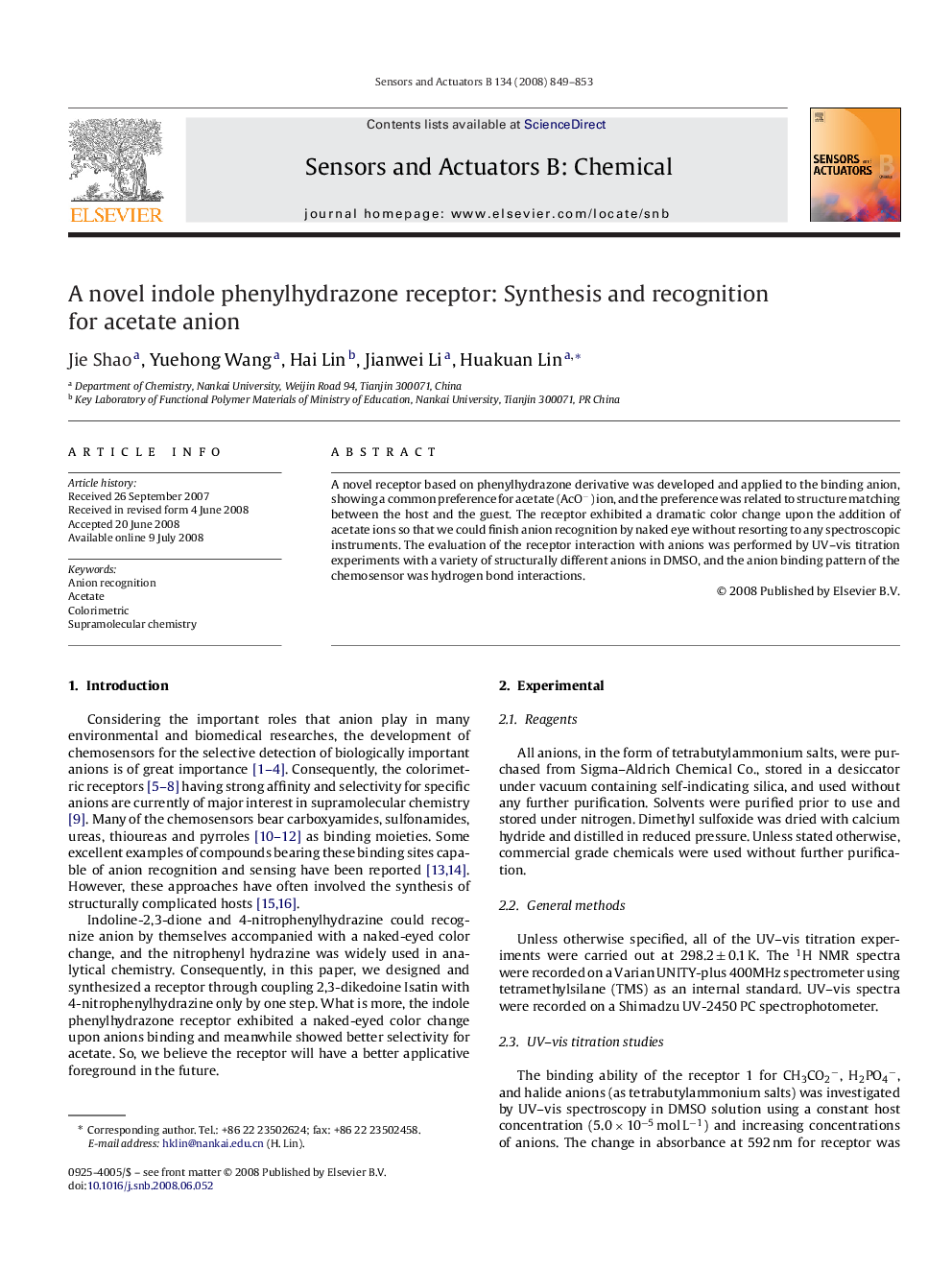 A novel indole phenylhydrazone receptor: Synthesis and recognition for acetate anion