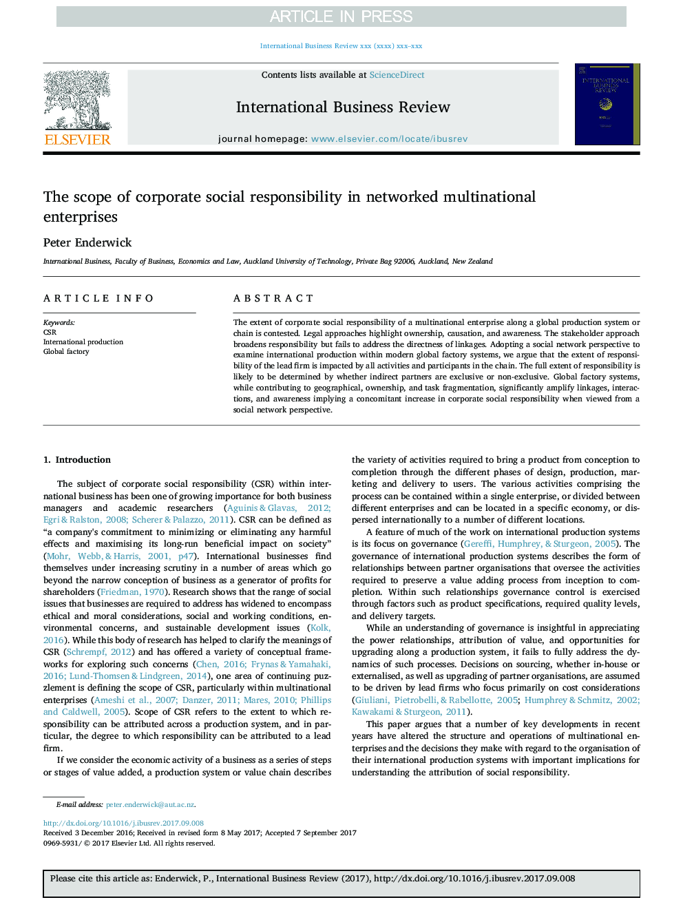 The scope of corporate social responsibility in networked multinational enterprises