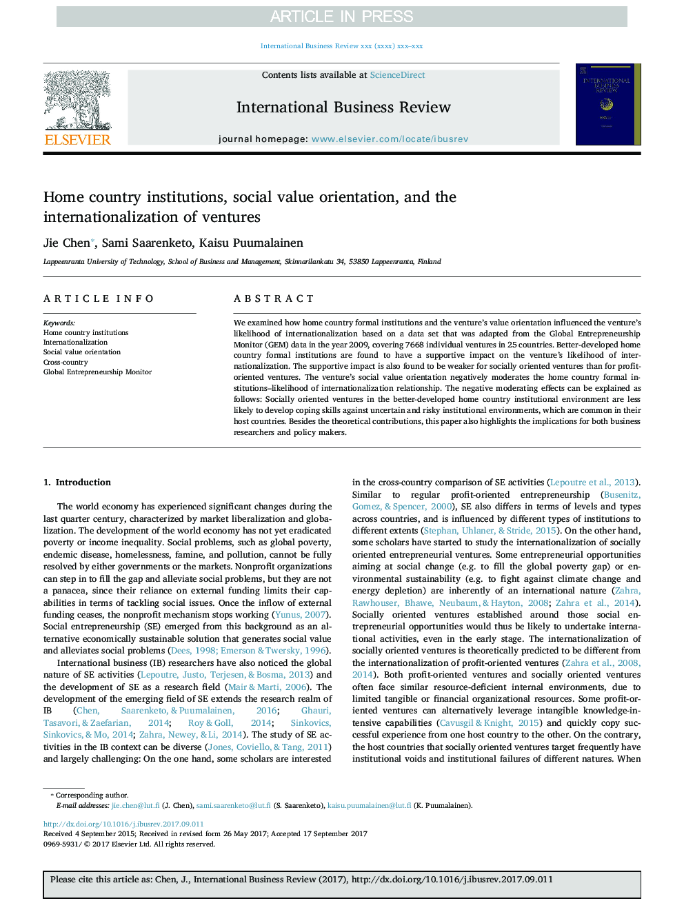 Home country institutions, social value orientation, and the internationalization of ventures