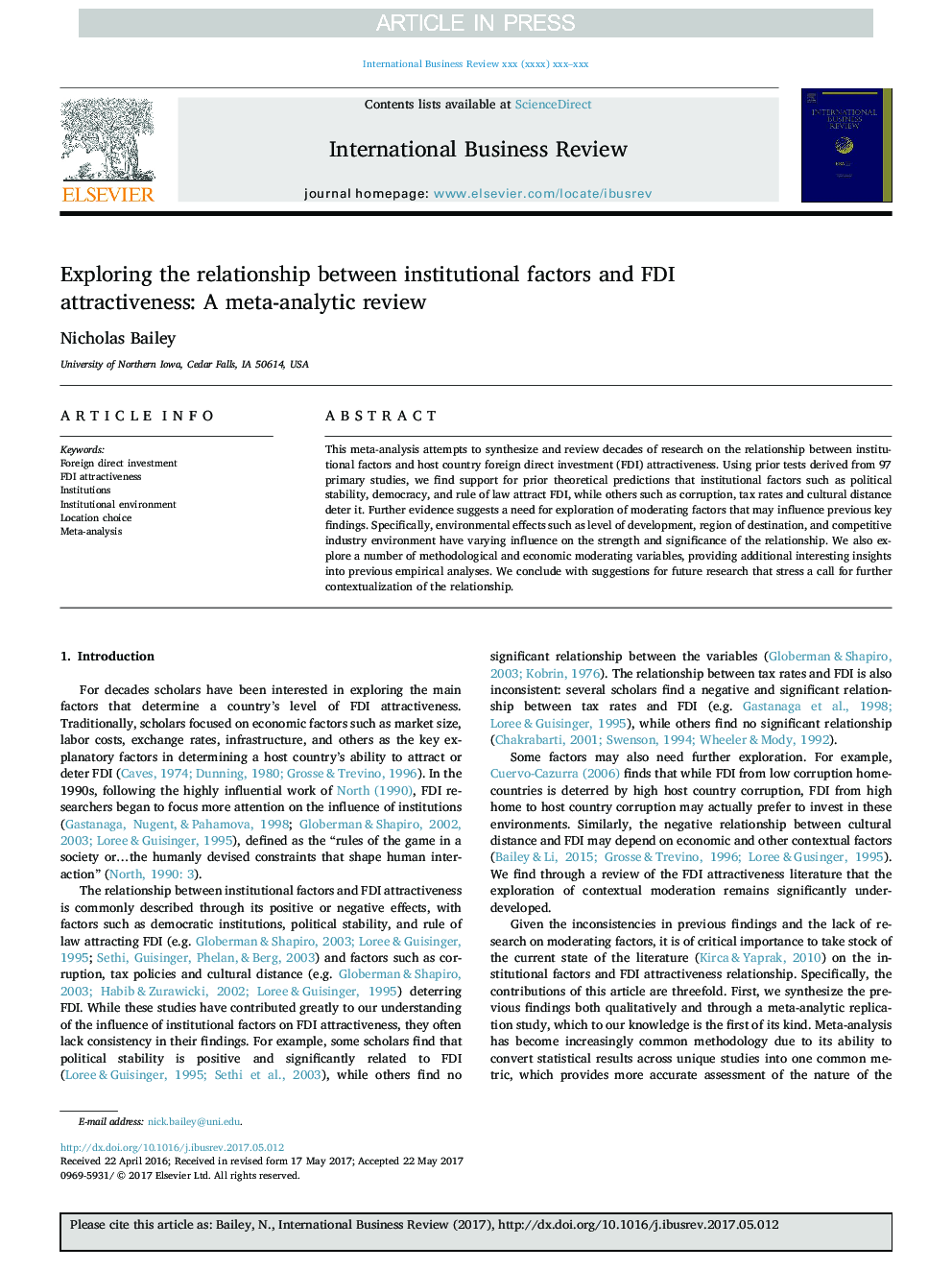 Exploring the relationship between institutional factors and FDI attractiveness: A meta-analytic review