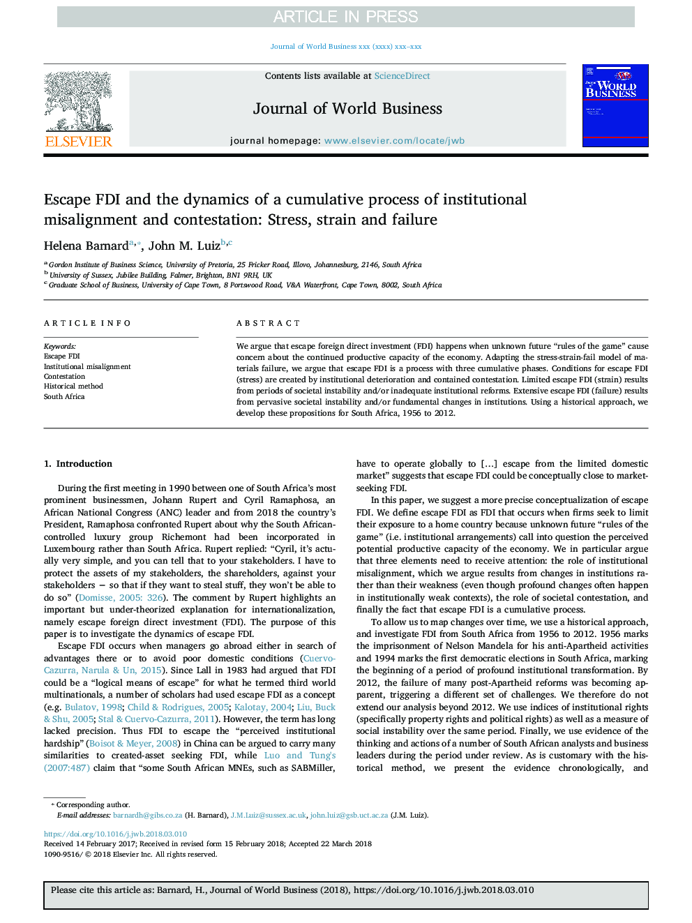 Escape FDI and the dynamics of a cumulative process of institutional misalignment and contestation: Stress, strain and failure