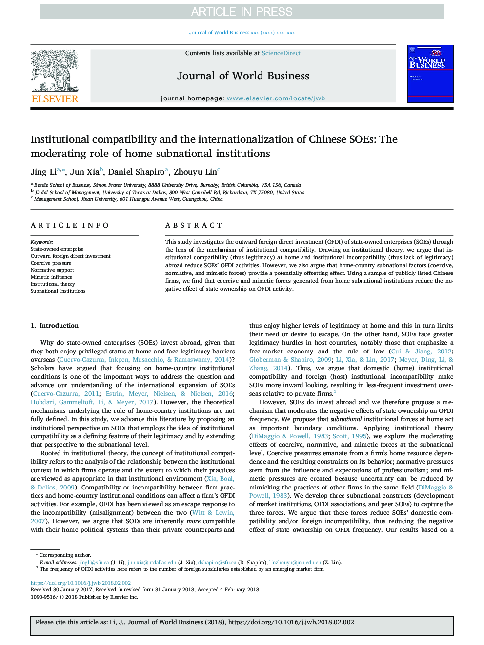 Institutional compatibility and the internationalization of Chinese SOEs: The moderating role of home subnational institutions