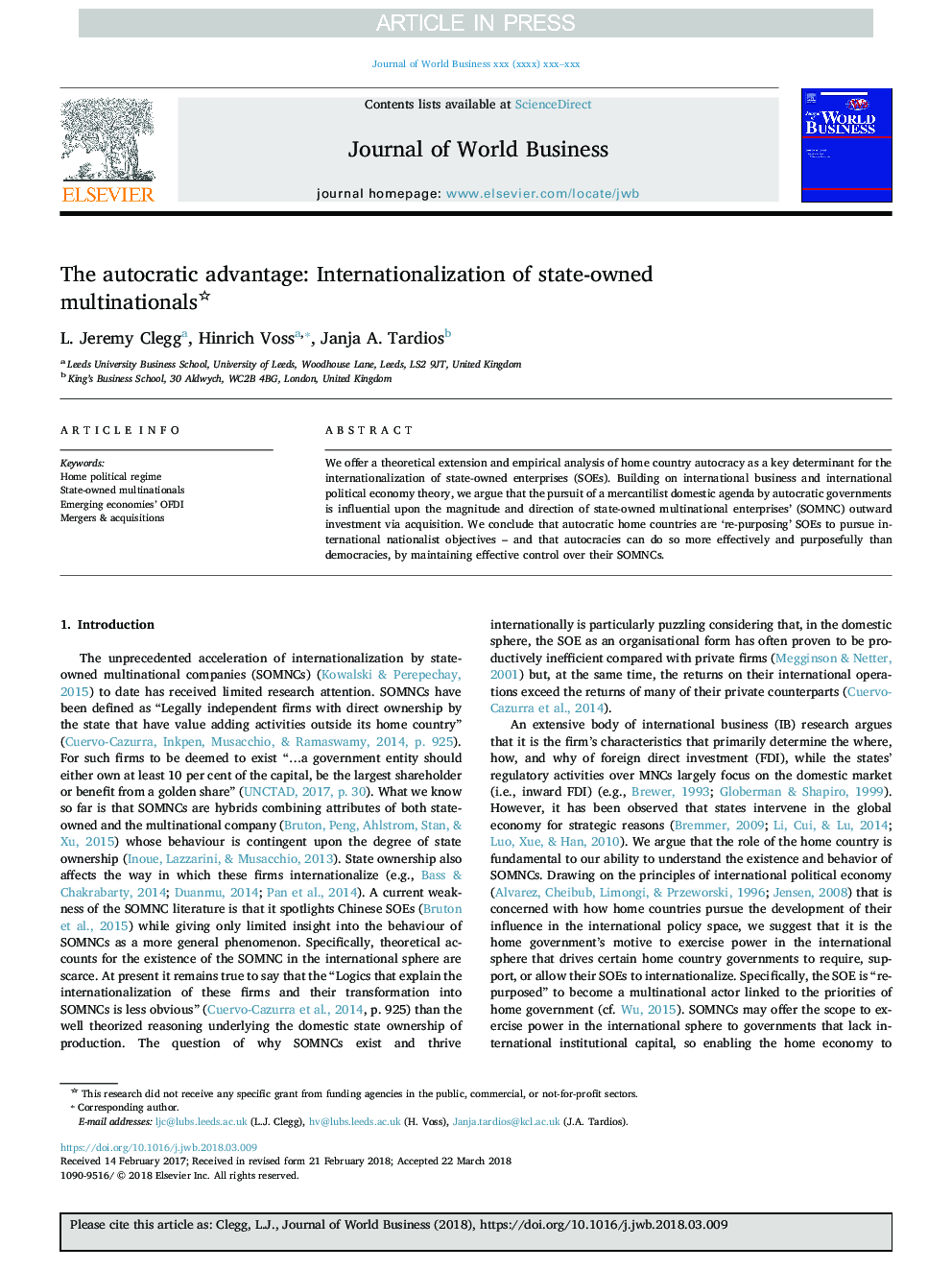 The autocratic advantage: Internationalization of state-owned multinationals