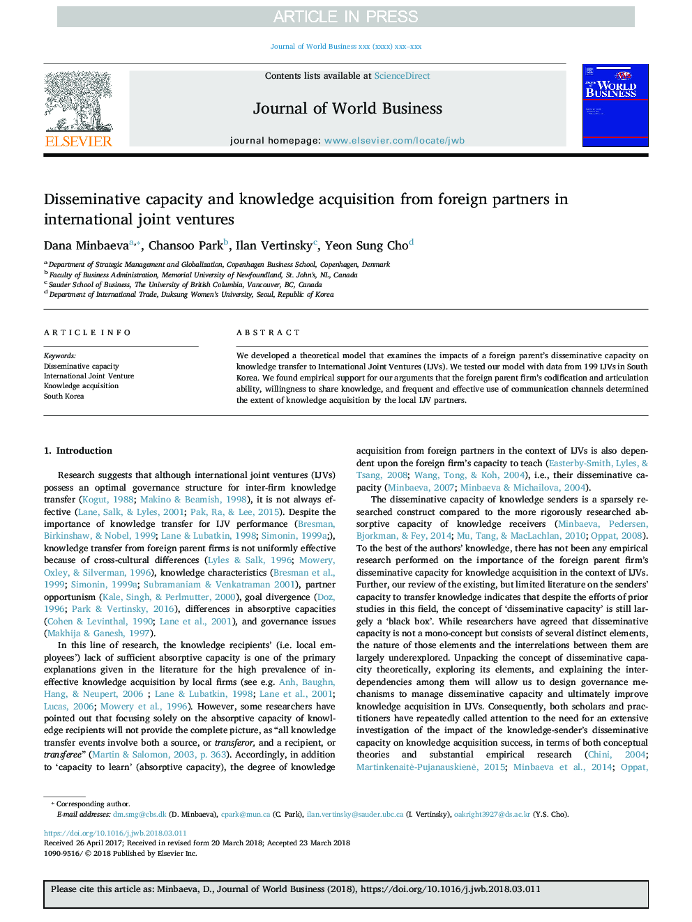 Disseminative capacity and knowledge acquisition from foreign partners in international joint ventures