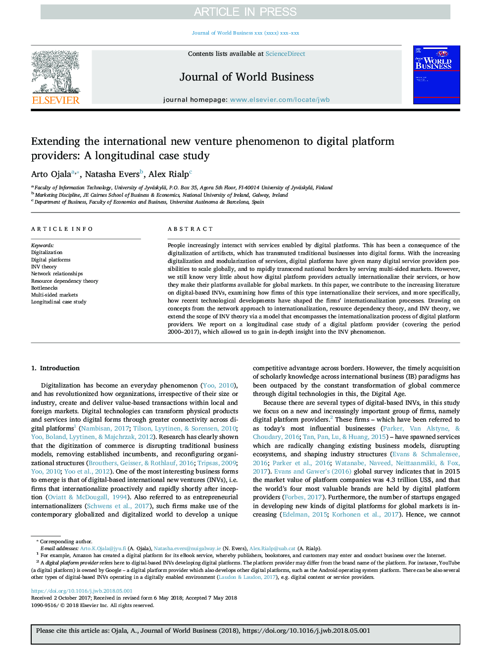 Extending the international new venture phenomenon to digital platform providers: A longitudinal case study