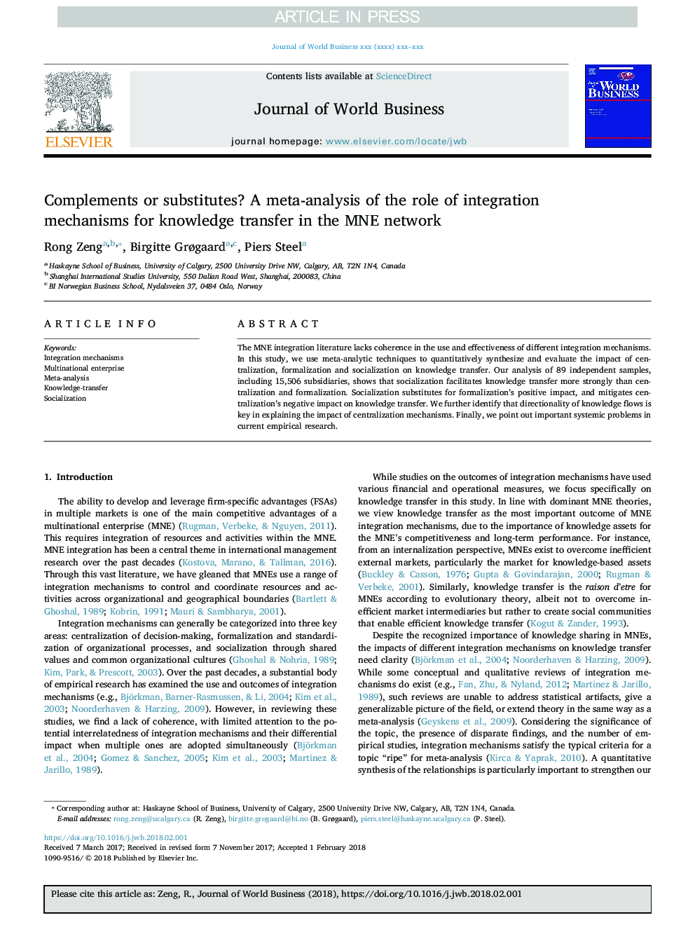 Complements or substitutes? A meta-analysis of the role of integration mechanisms for knowledge transfer in the MNE network