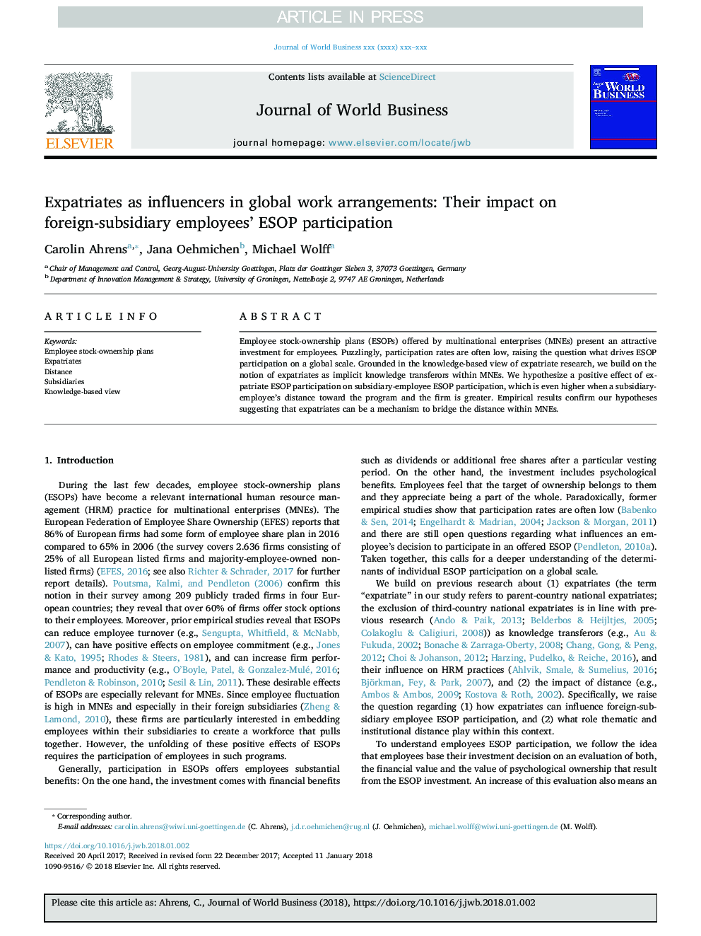 Expatriates as influencers in global work arrangements: Their impact on foreign-subsidiary employees' ESOP participation