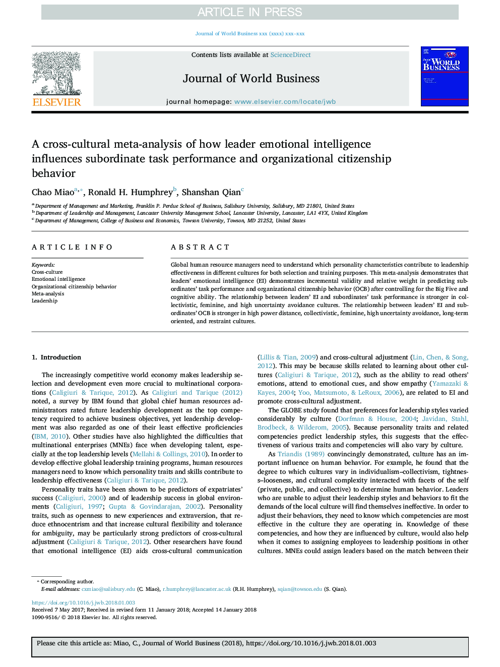 A cross-cultural meta-analysis of how leader emotional intelligence influences subordinate task performance and organizational citizenship behavior