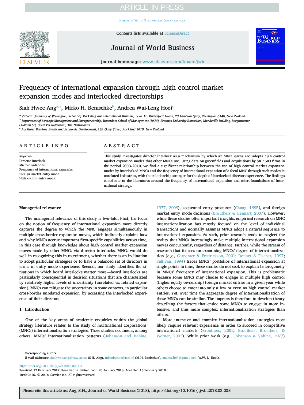 Frequency of international expansion through high control market expansion modes and interlocked directorships