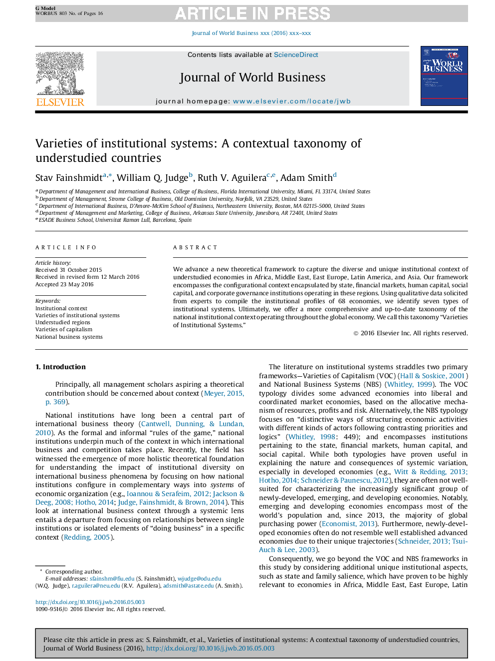 Varieties of institutional systems: A contextual taxonomy of understudied countries