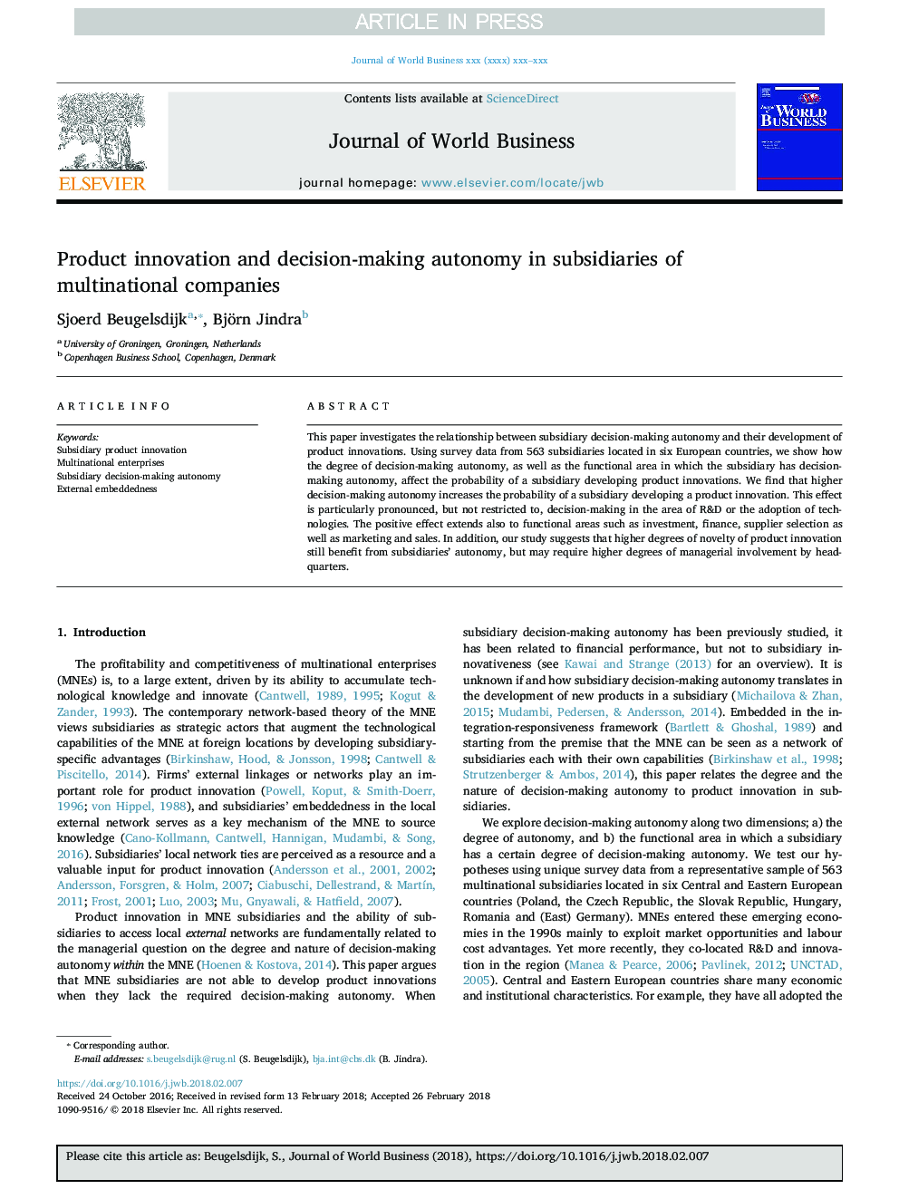 Product innovation and decision-making autonomy in subsidiaries of multinational companies