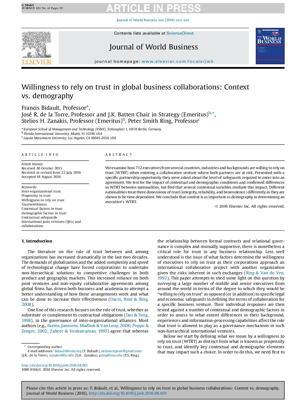 Willingness to rely on trust in global business collaborations: Context vs. demography