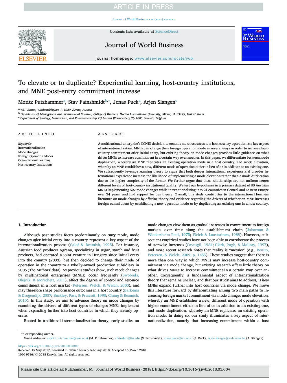 To elevate or to duplicate? Experiential learning, host-country institutions, and MNE post-entry commitment increase