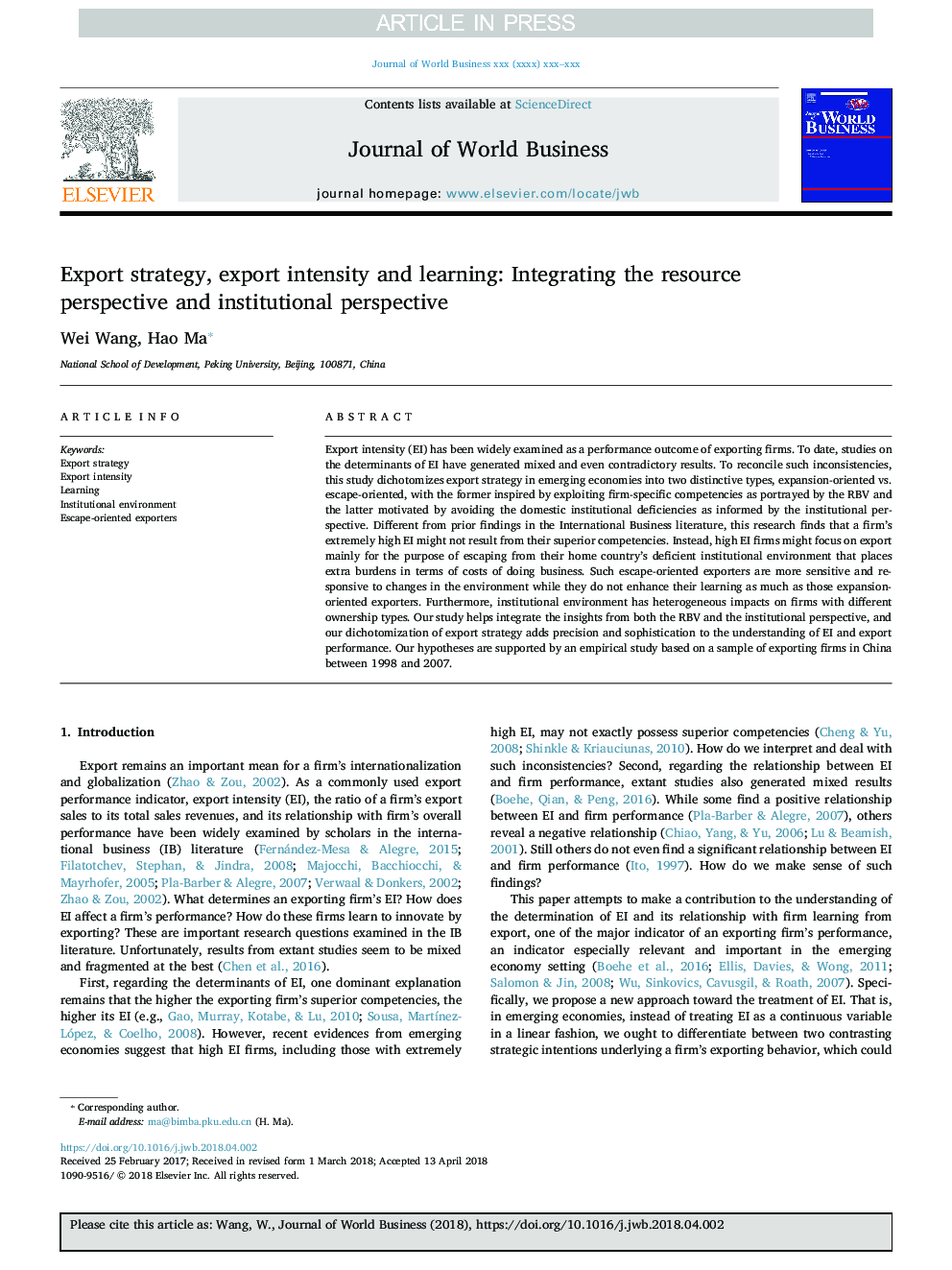 Export strategy, export intensity and learning: Integrating the resource perspective and institutional perspective