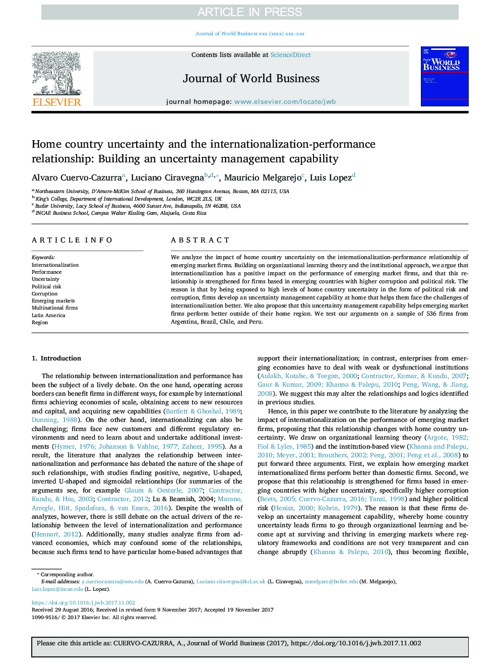 Home country uncertainty and the internationalization-performance relationship: Building an uncertainty management capability