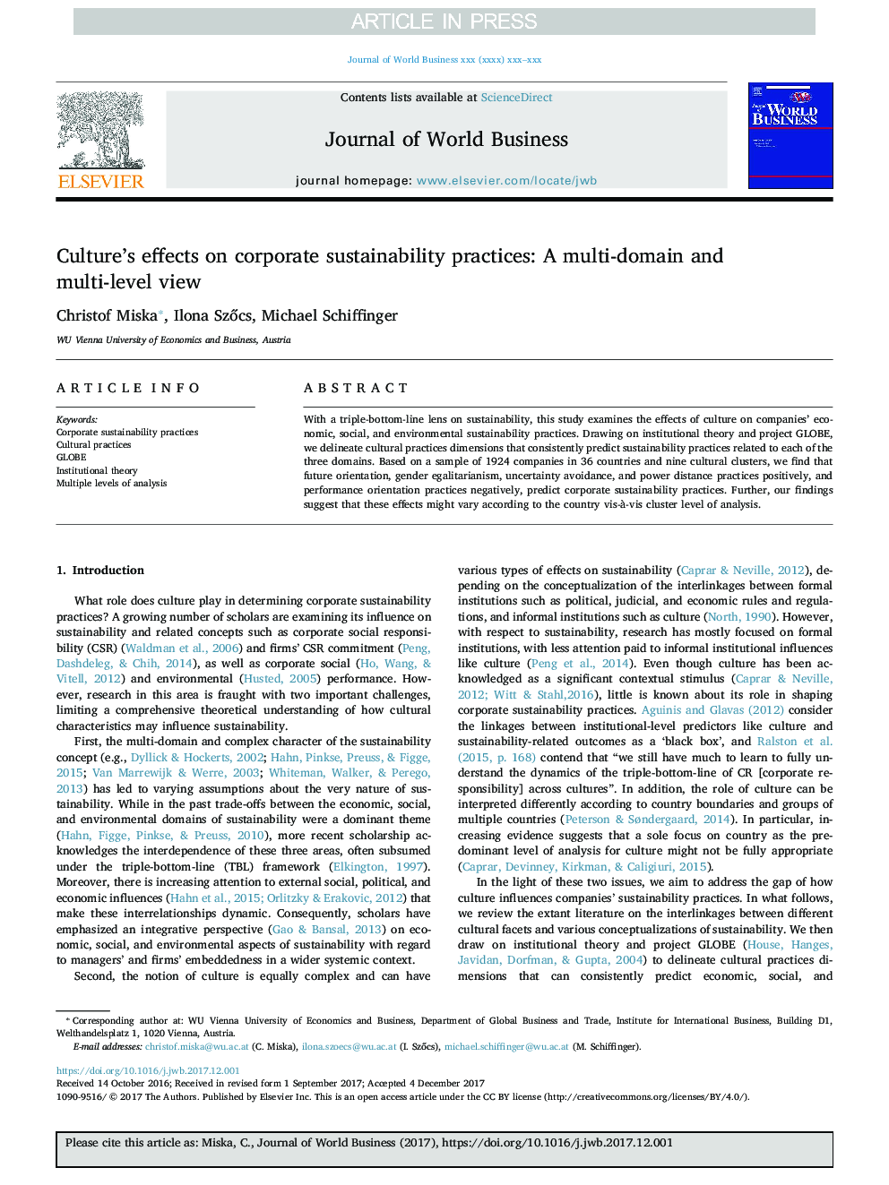 Culture's effects on corporate sustainability practices: A multi-domain and multi-level view