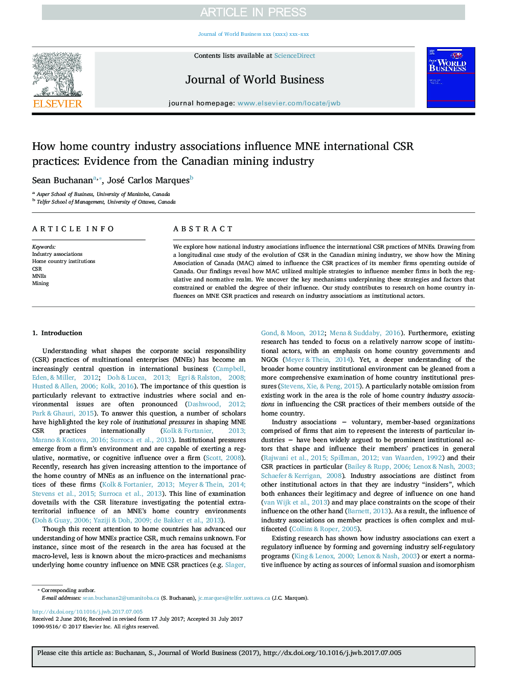 How home country industry associations influence MNE international CSR practices: Evidence from the Canadian mining industry