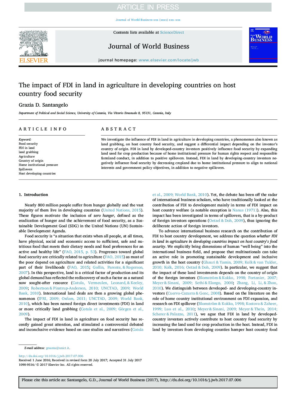 The impact of FDI in land in agriculture in developing countries on host country food security