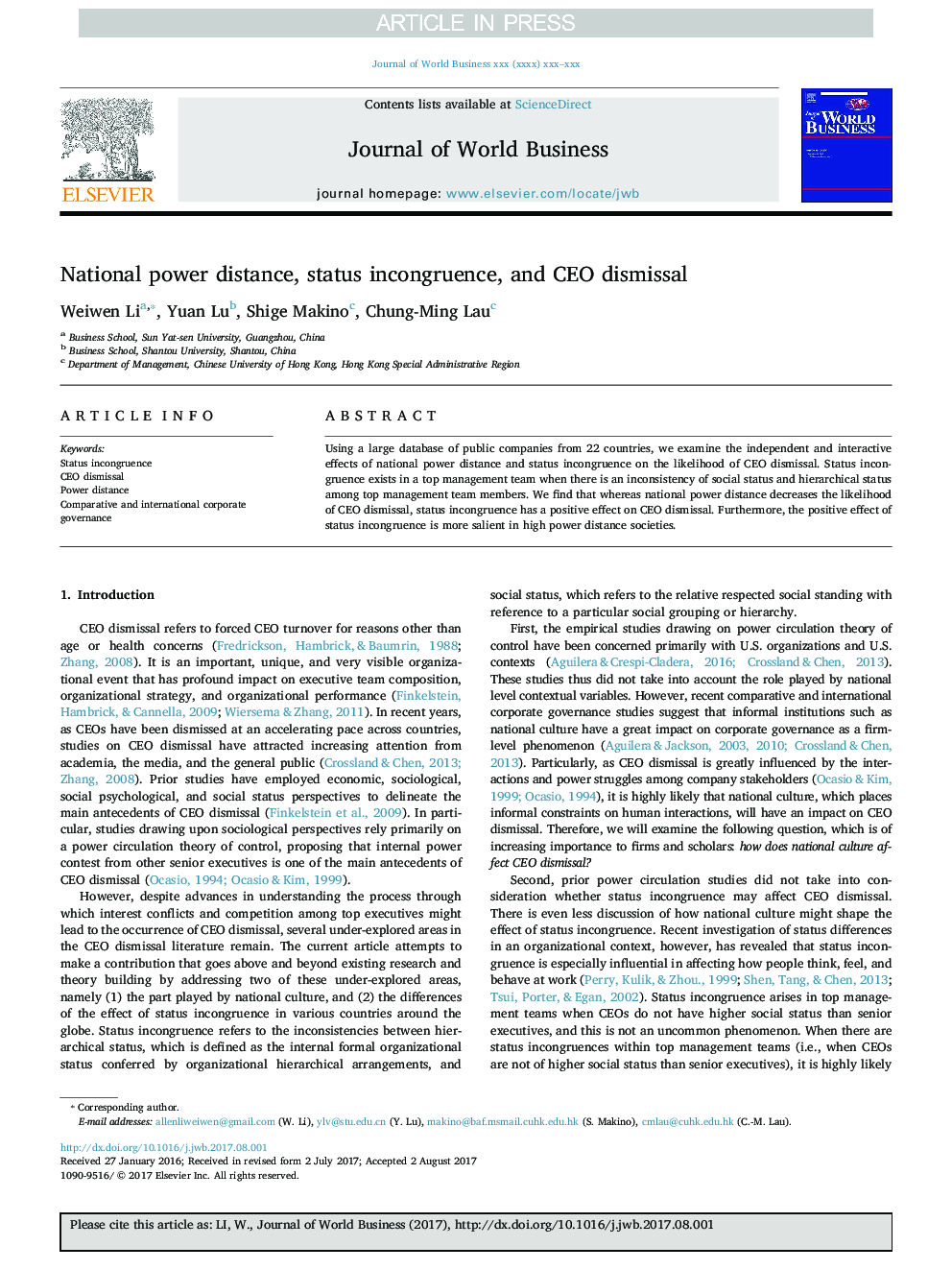 National power distance, status incongruence, and CEO dismissal