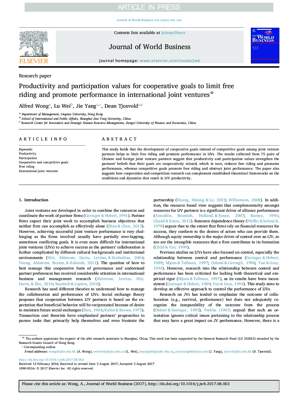 Productivity and participation values for cooperative goals to limit free riding and promote performance in international joint ventures