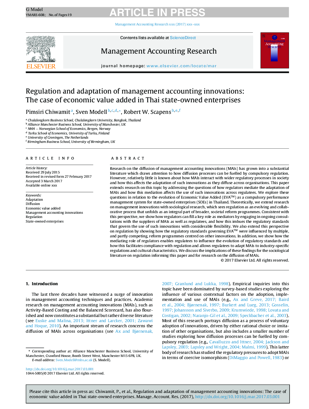 Regulation and adaptation of management accounting innovations: The case of economic value added in Thai state-owned enterprises